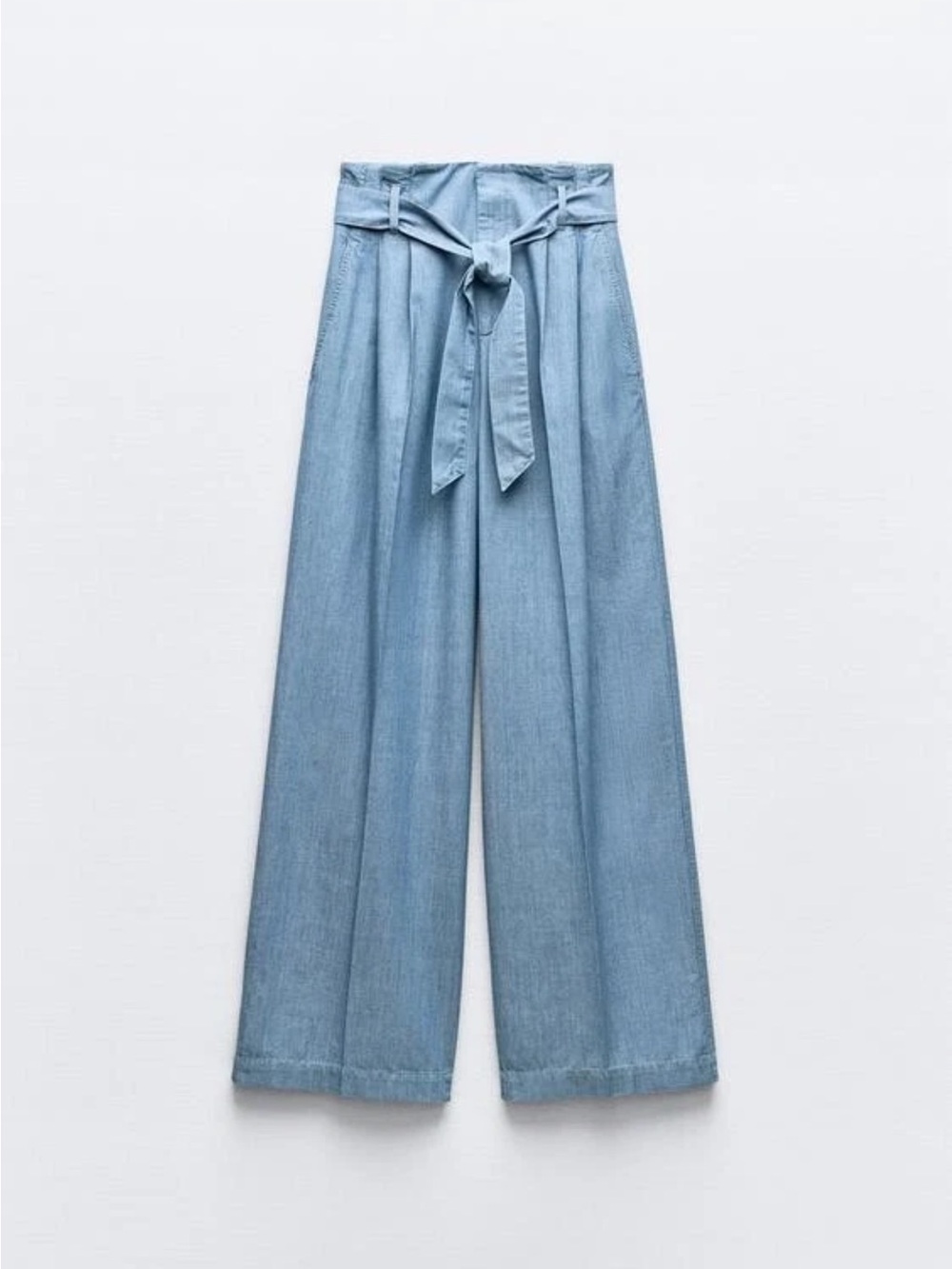 Zara Light Blue Wide-Leg High-Waist Tie Belt Pants